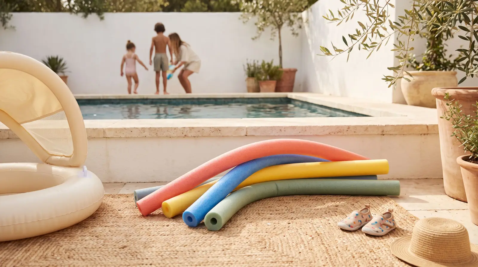 Frites de piscine colorées posées au bord d'un bassin, en famille